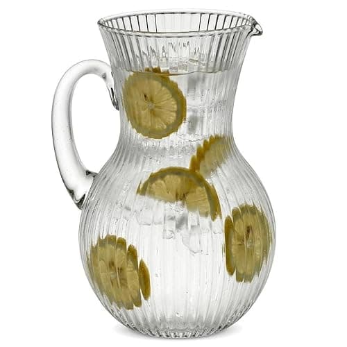 Image of URBNLIVING 1.5L Vintage Ribbed Glass Pitcher – Clear Mid-Century Modern Water Jug, Wide Mouth Carafe for Juice, Iced Tea, Lemonade & Beverages