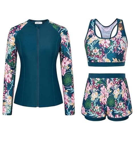 Image of JASAMBAC Rash Guard Sets Womens,Swimming Costume Women, Tummy Control Swimwear Rash Guard Swimsuit UPF 50+ Bikini Top & High Waist Boyshorts Zipper Modest Swimwear Bathing Suit Soft Surf Suit