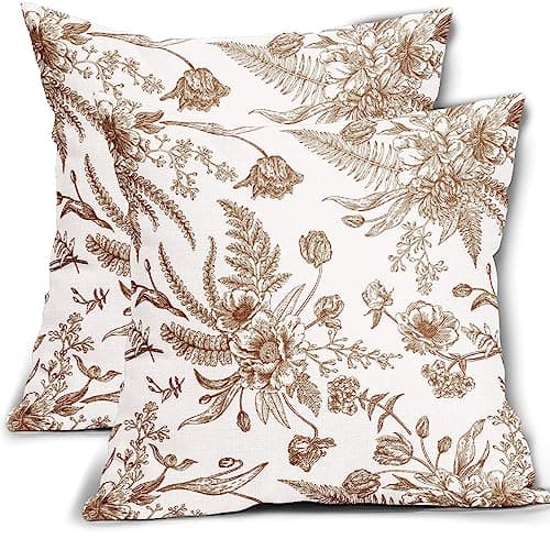 Image of Brown and White Flowers Pillow Covers 2 Packs 18x18 Inch Vintage Brown Flowers Throw Pillowcase Cotton Linen Decorative Morden Floral Outdoor Cushion Cover for Patio Sofa Bedroom Indoor Outdoor Party