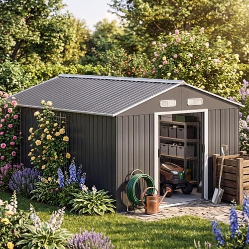 Image of GARDEBRUK® 8x10ft Metal Garden Shed with Foundation, Outdoor Tool Workshop, Apex Roof, Bike Garage with 96cm Wide Sliding Door, Galvanised Steel Shed for Garden Furniture, 315x260x180cm, Anthracite
