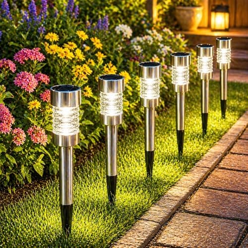 Image of Fabulouz Solar Stake Lights for Outdoor Garden, 6 Pack Stainless Steel Pathway Lights with Glass Bollard Top, White LED, Auto On/Off, Rechargeable Battery Included, 43 cm
