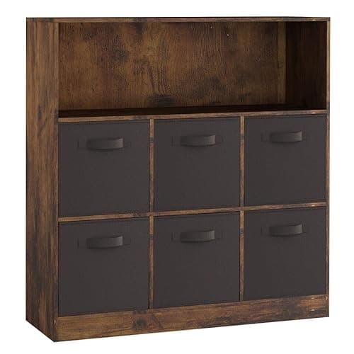 Image of URBNLIVING Wooden Wide 7 Cubed Cupboard Bookcase Storage Units Shelves 6 Drawers Baskets (Black Drawer, Rustic Brown)