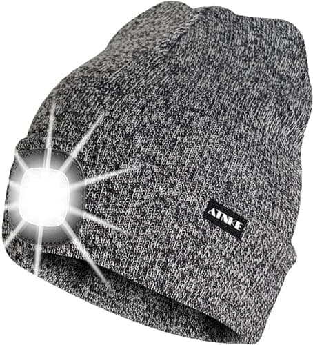 Image of ATNKE LED Lighted Beanie Cap,USB Rechargeable Running Hat Ultra Bright 4 LED Waterproof Light Winter Warm Gifts for Men and Women/Blended Black White