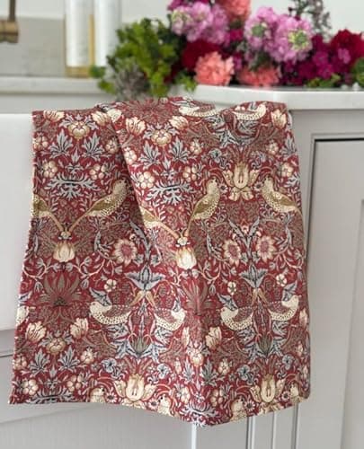 Image of Licensed William Morris Red Strawberry Thief 100% Cotton Floral Tea Towel