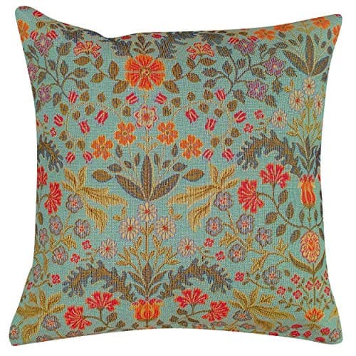 Image of Linen Loft Vintage Morris Styled Leaves and Berries Tapestry Cushion Cover. 17x17 Square. Double Sided. Apricot and Duck Egg Shades.