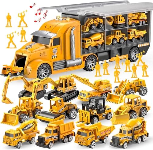 Image of JOYIN 25 in 1 Construction Truck Vehicle Toy Set (Including Transporter Excavator Digger Dumper Tractor) with Sounds and Lights in Carrier Truck, Kids Birthday Gifts for Boys Age 3+