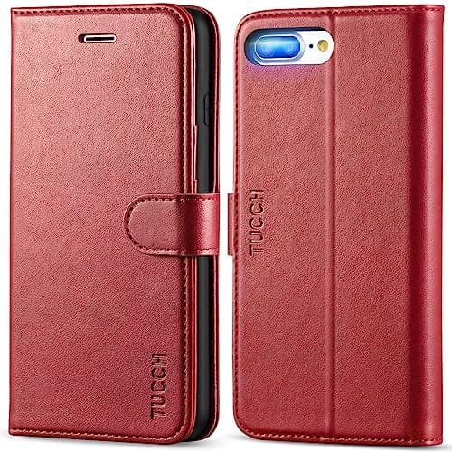 Image of TUCCH Case for iPhone 8 Plus/iPhone 7 Plus (5.5"), Wallet Case[Kickstand] Flip Cover with [Shockproof TPU][Card Holders] Leather Folio Stand Case Compatible with iPhone 7 Plus/8 Plus, Dark Red