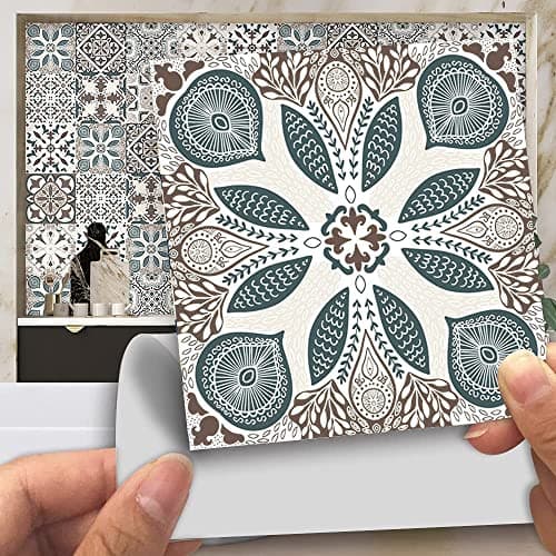 Image of 20pcs Vintage Victorian Tile Stickers, Kitchen Bathroom Wall Tile Stickers Peel and Stick on Tile Transfers Covers Decals Self Adhesive Vinyl Waterproof Beige Moroccan Mosaic (15cm x 15cm, 6x6 inches)
