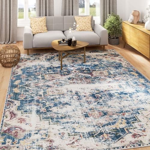 Image of Vintage Blue Rug Non Slip Washable Living Room Rugs Red Beige Modern Faded Floral Nature Traditional Design Small 80cm x 150cm