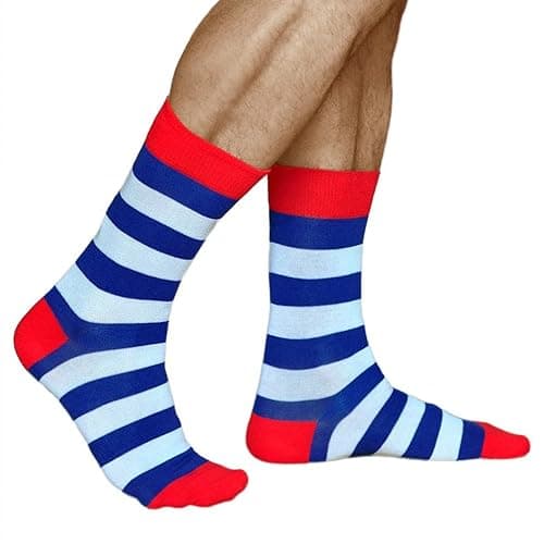 Image of vitsocks Mens Womens Geometric Design Funky Novelty Socks, Soft Breathable Cotton, Unisex Sizes, stripes: blue-white-red, 6-9