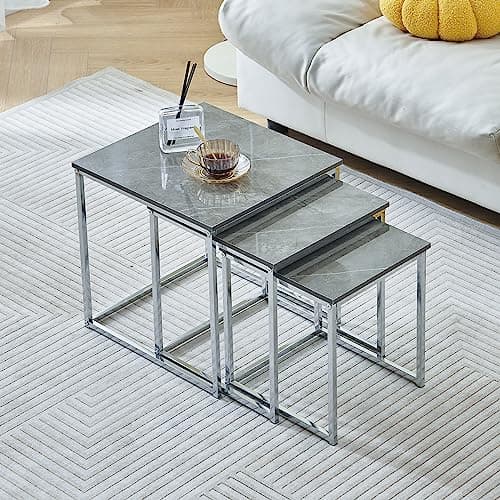 Image of Rainbow Tree Set of 3 Grey Marble Nesting Coffee Tables for Living Room, High Gloss Nest of 3 Nested Tables Sofa Side Table Coffee Table End Tables Square Space Saving