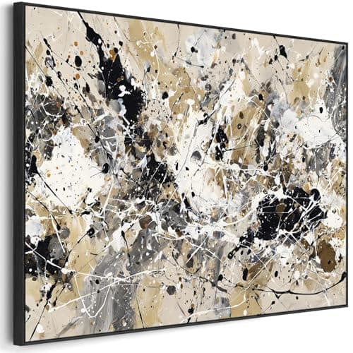 Image of Wallfillers Neutral Black Jackson Pollock Style Abstract Artwork Framed Cream Impact (123cm x 82cm)