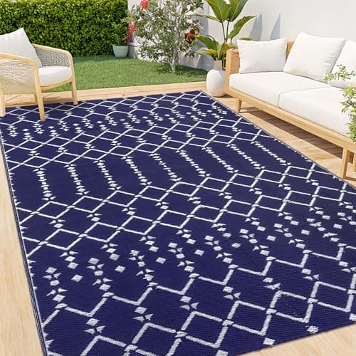 Image of Homaxy Outdoor Rug 120x180cm, Waterproof Reversible Plastic Straw Garden Mat, Boho Anti-slip Area Rugs for Patio, Backyard, Deck, Picnic, Beach, Camping, Navy Blue