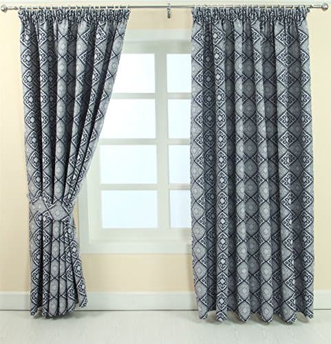 Image of HOMESCAPES Blue and Grey Patterned Curtain Pair, Modern Aztec Tribal Design - 46 x 54 Inch drop
