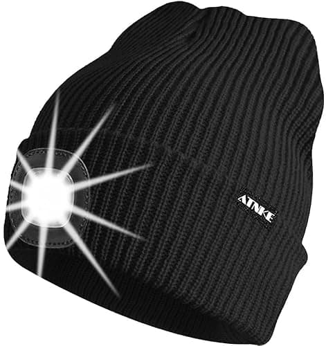Image of ATNKE Unisex Lighted Beanie Hat,USB Rechargeable 4 LED Running Headlamp Hat Ultra Bright Cap with Light Hands Free Head Torch Winter Warm Knit Beany Gifts for Men Dad and Women/Black