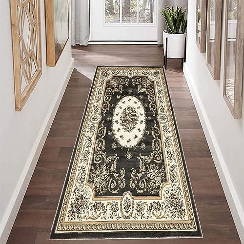 Image of YANHONG Carpet Runners 60 x 350 cm Machine Washable, long Hallway Runner Kitchen Rugs With Non-Slip Back for Standing Desk, Kitchen, Office, Black