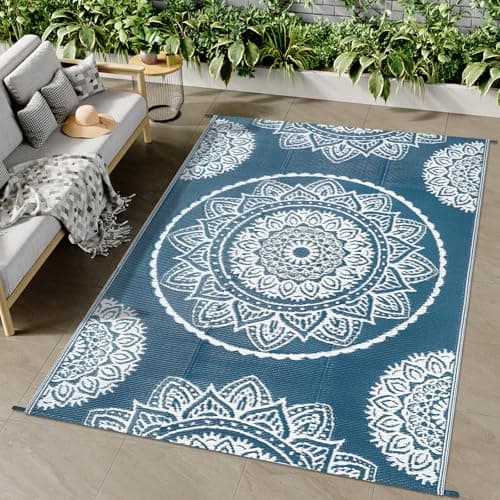 Image of Famibay Outdoor Rug Waterproof Plastic Straw Garden Rugs Reversible Rug 120 x 180 cm Outdoor Patio Carpet UV Resistant Portable Mandala Area Rug for RV Balcony Picnic Blue