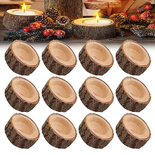 Image of EMAGEREN 12 Pcs Wooden Tea Light Candle Holders Votive Tealight Holder Personalized Candle Stands Wooden Candle holder Set for Wedding Centerpieces for Table Wedding Party Home Decor (2.4Wx1.0H)