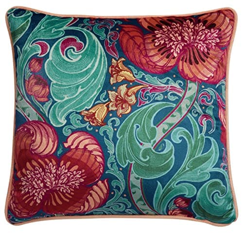Image of Laurence Llewelyn-Bowen Bohemian Cushion – Blue & Red Floral Damask – Soft Velvet – 43x43cm – Piped Edge – Luxury Filled Cushion with Cover – Decorative Pillow for Bedroom & Living Room