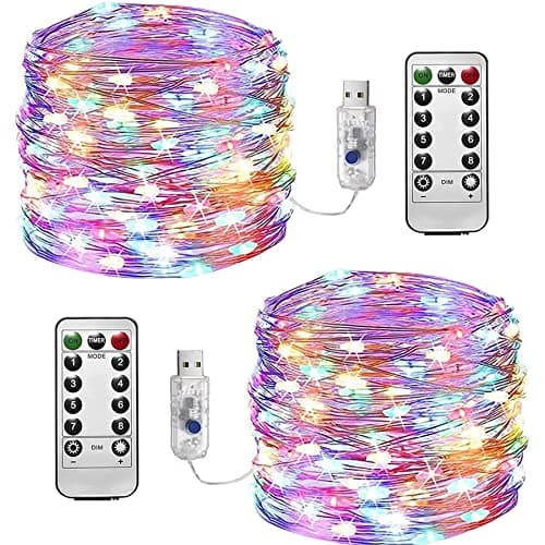 Image of Fairy Lights Waterproof, 2 Pack 12m/39ft 120 LEDs String Lights USB Plug in, 8 Modes Remote Timer Indoor/Outdoor Copper Wire Lights for Bedroom, Wedding, Party, Christmas Decorations (Multi-Coloured)