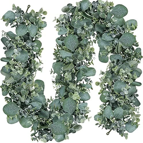 Image of LOMOHOO 2Pcs Eucalyptus Garland Artificial Leaves Garland 5.7Ft Faux Silver Dollar Eucalyptus Vines with White Seeds,Greenery Vines for Wedding Arch Backdrop Home Table Indoor Outdoor Decor