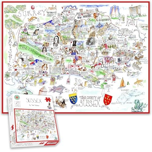 Image of "Comical Map Of Sussex By Tim Bulmer - 1000 Piece Puzzle For Adults, Large Puzzle 66cm X 50cm In Size. Challenging To Complete But Fun And Humorous"