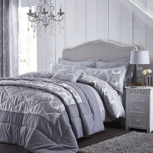 Image of Catherine Lansfield Damask Jacquard 240x260cm Bedspread Silver Grey