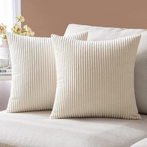 Image of AMFUN Set of 2 Corduroy Cushion Covers 40cm x 40cm,Soft Striped Square Pillow Case,Cushion Case with Invisible Zipper,Home Boho Decor Pillow Cases for Couch Sofa Bedroom,Living Room-Cream White