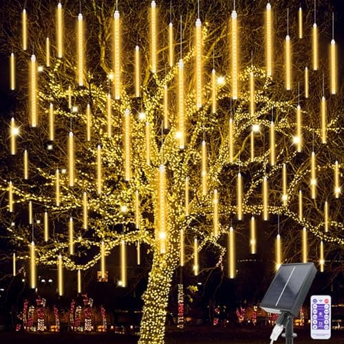 Image of Acxilexy Solar Meteor Shower Rain Drop Lights, 30CM 10 Tubes 240 LEDs Falling Snowfall Lights for Outdoor Tree Garden Party