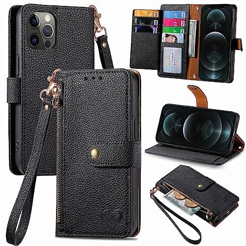 Image of VEEMOS Zipper Wallet Case for Apple iPhone 12 Pro Max Phone Case with Purse Card Holders RFID Blocking Leather Flip Case Book Cover Wrist Strap Women - Black