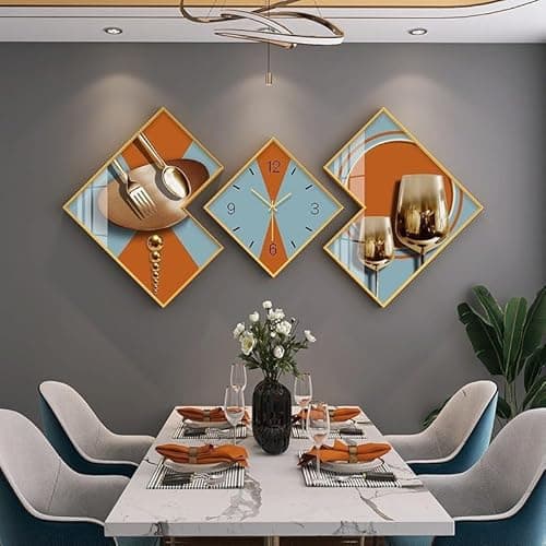 Image of SYLUOQP 3-Piece Modern Geometric Wall Clock Set, Canvas Painting Wall Clocks Gold Frame Canvas Art for Living Room, Bedroom & Dining Room,2
