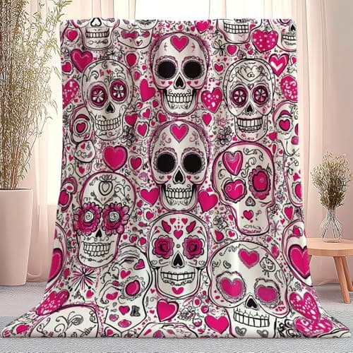 Image of Flannel Fleece Throw Blanket 130 x 150 cm, Soft Warm Art Abstraction Skull Heart Shape Blanket, for Kids Teens or Adults Lightweight Cozy, for All Seasons Pink And White
