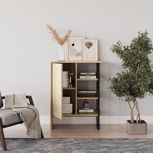Image of URBNLIVING 60cm Wood Steel Living Room 1 Door Bedside Cabinet Shelf Shelving Bookcase Unit, Modern Storage Organizer, Contemporary Design, Home Furniture, Multifunctional Storage Solution