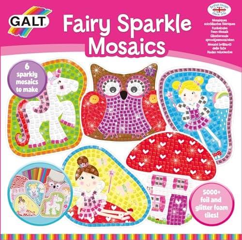 Image of Galt Fairy Sparkle Mosaics -Childrens Glitter Mosaic Set,Arts and Crafts Kit for Kids,Colourful Design Tile by Number Pictures and 5000Plus Self-Adhesive Glitter and Foil Foam Tiles -Ages 5 Years Plus
