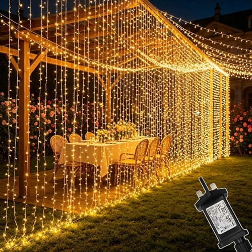 Image of Cozymeow 6m x 3m Curtain Lights Mains Powered 600 LED Fairy Lights Outdoor Garden Decorations, 8 Modes Connectable Waterfall Lights for Wedding Backdrop, Gazebo, Pergola, Party, Bedroom Wall Decor