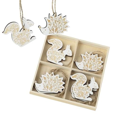 Image of Heaven Sends Set of 8 Assorted Wooden Hanging Woodland Decoration - Squirrel/Hedgehog - 6cm x 5cm - Autumn Decoration Woodland Themed Décor - Perfect for Home, Kitchen, Living Room