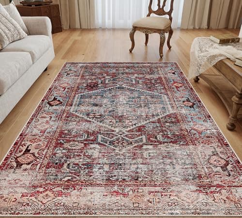 Image of jxgzyy Vintage Rugs for Living Room, Distressed Red Persian Rugs for Bedroom Large, Soft Short Pile Rugs 160 x 230 cm, Machine Washable Carpet with Non-slip Backing, Print Oriental Red Rug