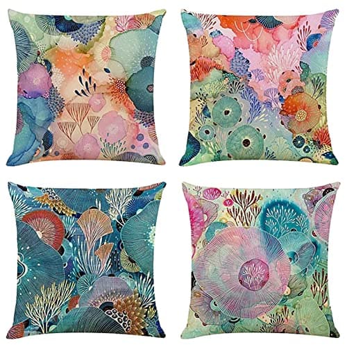 Image of Cushion Covers 16x16 inch Outdoor Cushions Set of 4 COLORFUL SEA WORLD Printed Pillow Covers Square Double Sided Velvet Cushions for Patio Couch Balcony Farmhouse Garden Decorative Pillowcases a1023