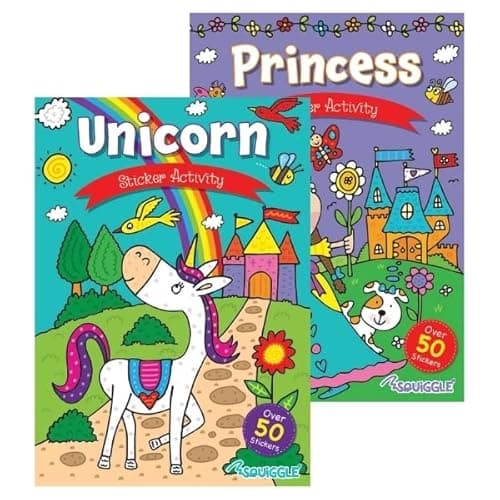Image of Squiggle A4 Unicorn & Princess Activity & Colouring Books - Set of 2 with 200 Stickers for Kids