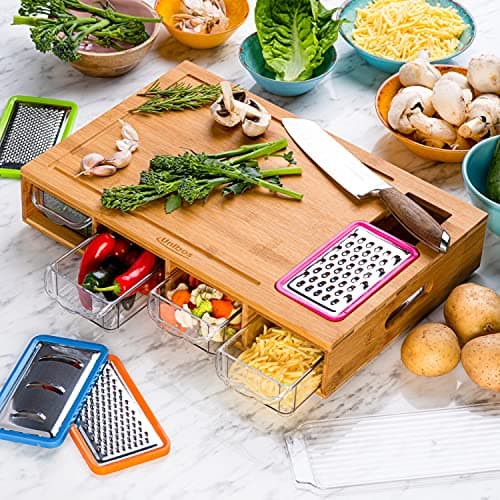 Image of Unibos Bamboo Chopping Board with 4 BPA Free Plastic Drawer/Trays with Lids Kitchen Set-100% Natural Robust Bamboo Wood-Wooden Chopping Boards Cutting Board/Chopping Board Set