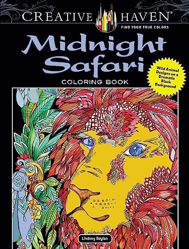 Image of Creative Haven Midnight Safari Coloring Book: Wild Animal Designs on a Dramatic Black Background