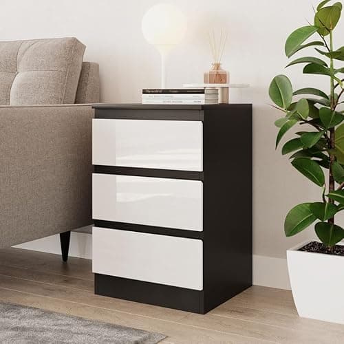 Image of URBNLIVING 62cm High Gloss Bedside Chest of Drawers - 3 Drawer Bedroom Storage Cabinet with Smooth Metal Runner - Modern Dresser Bedside Table for Bedroom Living Room Office Hallway