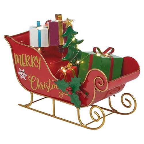 Image of URBNLIVING Novelty Sleigh Christmas Ornament - Large Hand Painted Free Standing Metal Merry Xmas Decorations Santa for Centerpiece, Table LED Decoration Display decor, (Red Sledge)