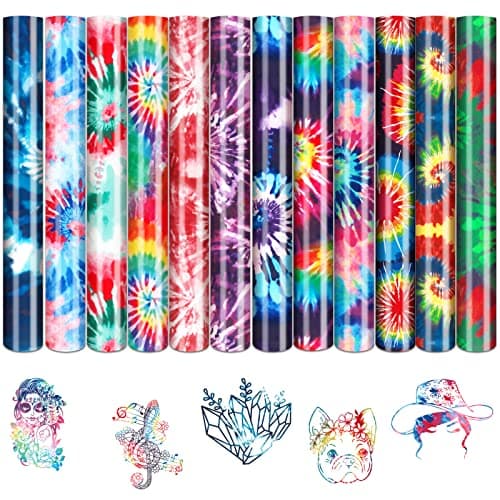 Image of Tintnut Tie-dye Swirl Heat Transfer Vinyl - 12" x 10" 12 Sheets Bundle Watercolor Rainbow Iron on Vinyl Seamless Colorful Pattern Printed HTV DIY T-Shirts Canvas Bag