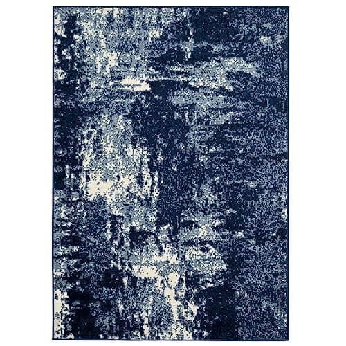 Image of Modern Navy Blue Abstract Living Room Area Rug Painterly Brushstroke Carpet Blue Stain Resistant Lounge Bedroom Kitchen Rugs 160cm x 230cm