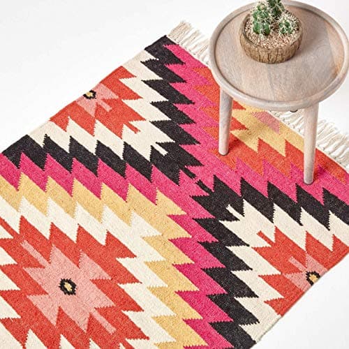 Image of HOMESCAPES Jakarta Pink, Orange & Yellow Handwoven Kilim Rug for Living Room Geometric Pattern Wool Rug with Fringe, 120 x 170 cm