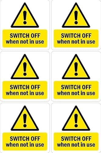 Image of Switch off when not in use sticker, 100x100mm, pack of 6 on A4 sheet