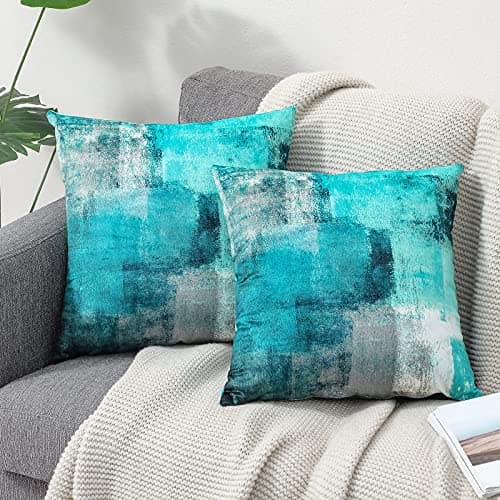 Image of OYIMUA Set of 2 Decorative Velvet Cushion Covers 50 x 50 cm Abstract Art Decor Pillow Case Teal Cushion Cover 20x20 inches for Outdoor Patio Garden Blench Living Room Sofa Farmhouse Decor