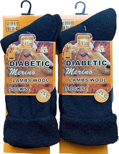 Image of ITRAT 2 Pairs Mens Merino Wool Diabetic Socks | Loose Top Non-Elastic | Thick Winter Boot Socks | 2.4 TOG Thermal Socks | UK 6-11 (Black)