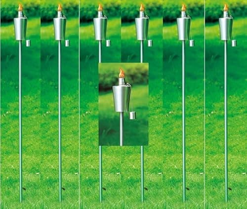 Image of Garden Haven® High Quality Stainless Steel Fuel-Lit Oil Paraffin Garden Tiki Torch Lantern Light Torches Pack of 6-230ml Capacity Child Proof Wicks Outdoor Path 146cm Length, Summer Citronella